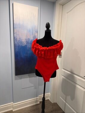 Women’s Red Ruffle Off-Shoulder One-Piece Swimsuit
